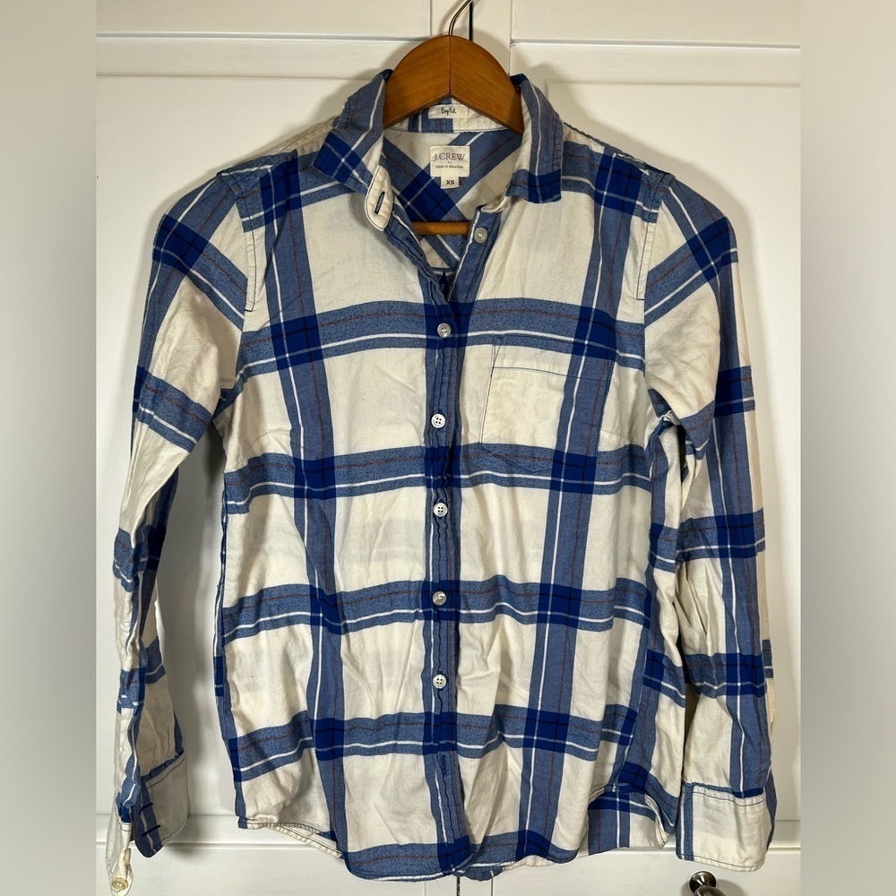 J. Crew Flannel Women's Size XS‎ Boy Fit Blue White Plaid Preppy Flannel